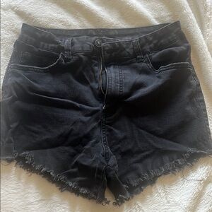 Black Jean Shorts with Frayed Hem High-Waisted